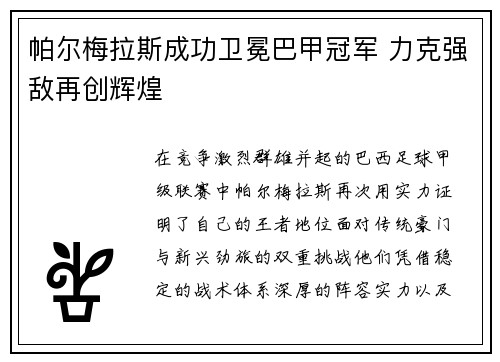 帕尔梅拉斯成功卫冕巴甲冠军 力克强敌再创辉煌