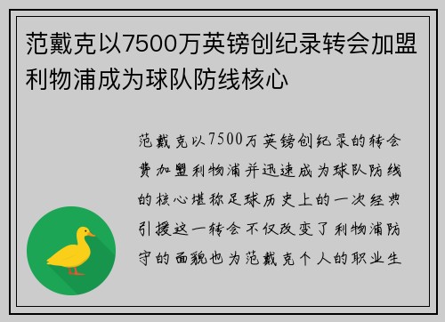 范戴克以7500万英镑创纪录转会加盟利物浦成为球队防线核心 范戴克以7500万英镑创纪录转会加盟利物浦成为球队防线核心