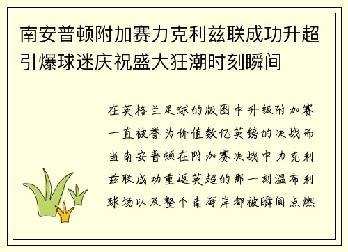 南安普顿附加赛力克利兹联成功升超引爆球迷庆祝盛大狂潮时刻瞬间 南安普顿附加赛力克利兹联成功升超引爆球迷庆祝盛大狂潮时刻瞬间