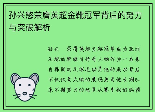 孙兴慜荣膺英超金靴冠军背后的努力与突破解析